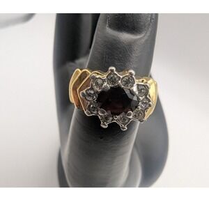 Gold Tone Oval Red Stone Ring with Clear Rhinestone Ring Sz 6 Costume Jewelry